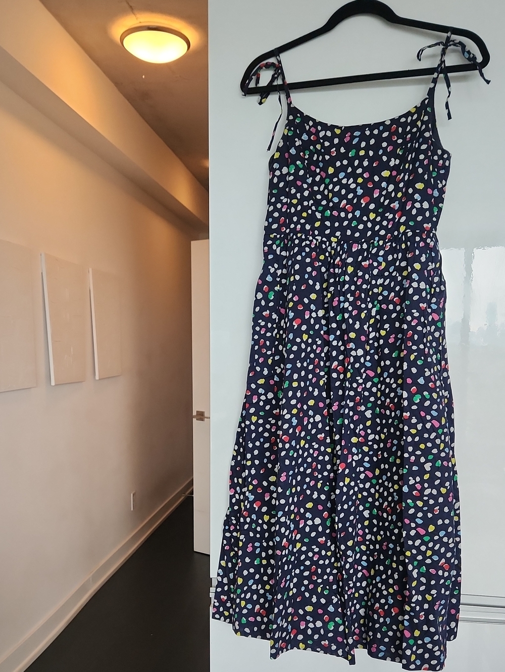 J. Crew Navy Midi Dress with Multicolor Confetti Print